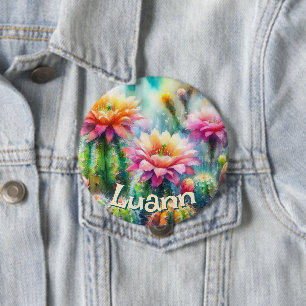 Watercolor Flowering Succulent Cacti Personalised 10 Cm Round Badge