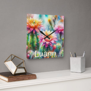 Watercolor Flowering Succulent Cacti Personalised Square Wall Clock