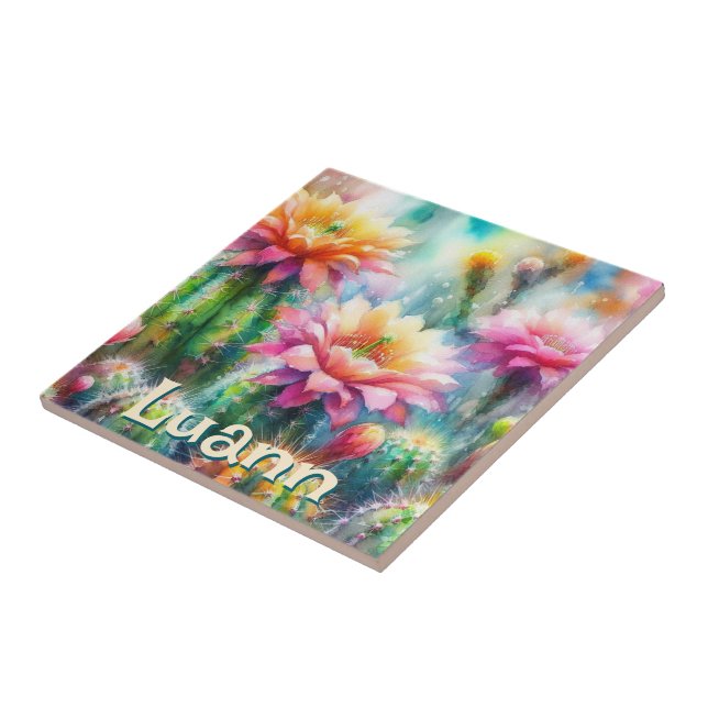 Watercolor Flowering Succulent Cacti Personalised Tile (Side)