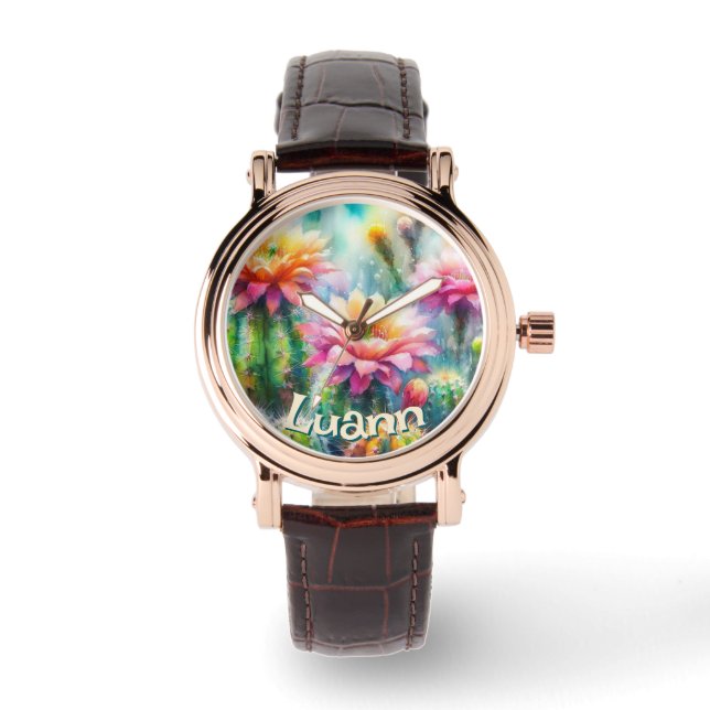 Watercolor Flowering Succulent Cacti Personalised Watch (Front)