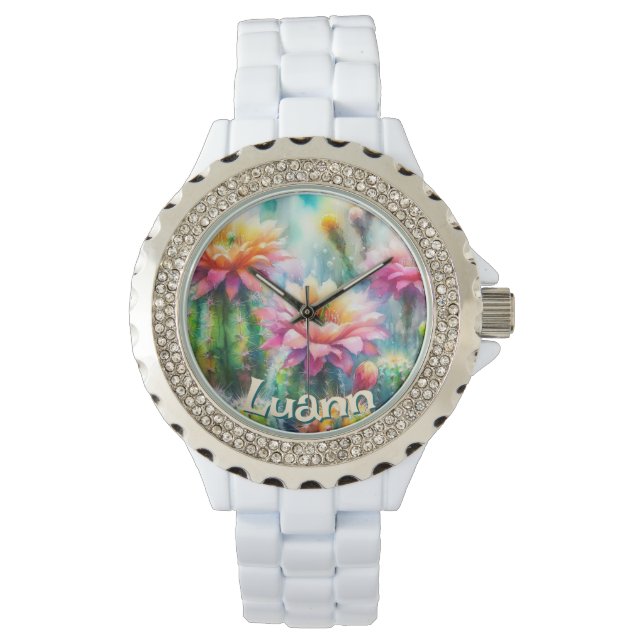 Watercolor Flowering Succulent Cacti Personalised Watch (Front)