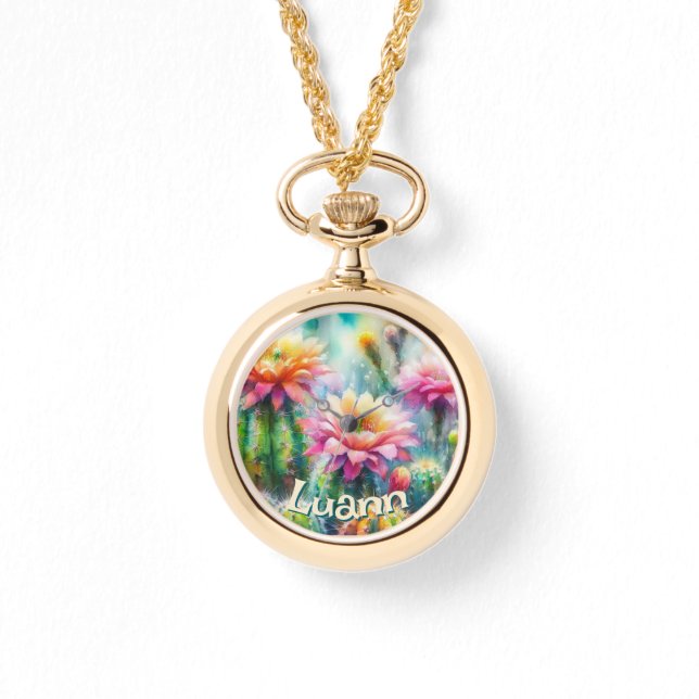 Watercolor Flowering Succulent Cacti Personalised Watch (Front)