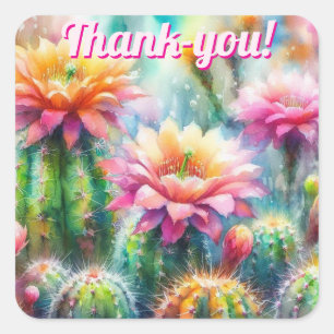 Watercolor Flowering Succulent Cacti Square Sticker