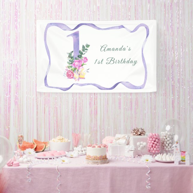 Watercolor flowers 1st birthday party banner (Party)