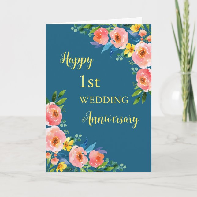 Watercolor Flowers 1st Wedding Anniversary Card (Front)