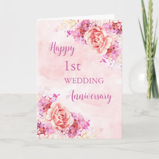 Watercolor Flowers 1st Wedding Anniversary Card (Front)