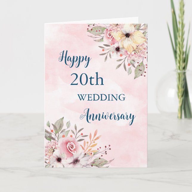 Watercolor Flowers 20th Wedding Anniversary Card (Front)