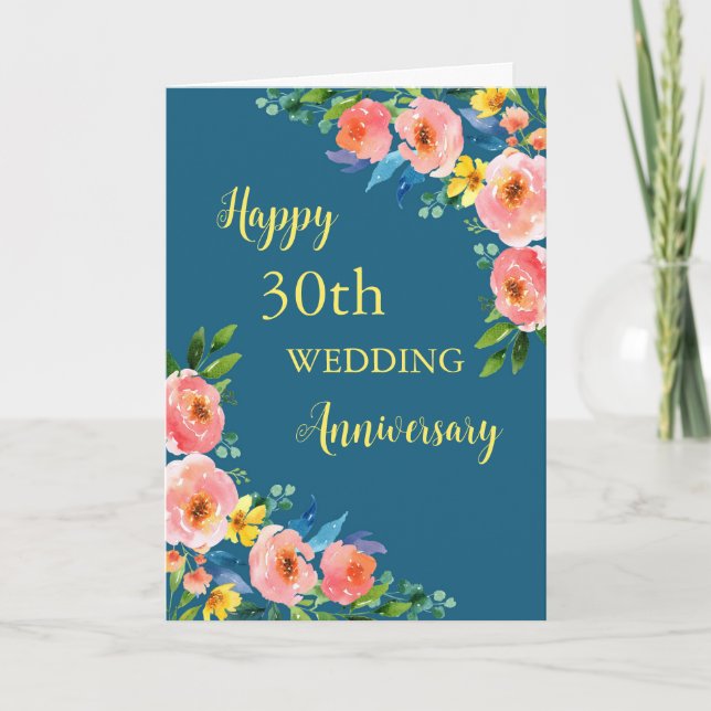 Watercolor Flowers 30th Wedding Anniversary Card (Front)