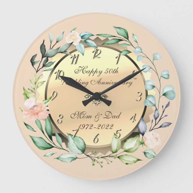 Watercolor  Flowers 50th Wedding Anniversary Large Clock (Front)