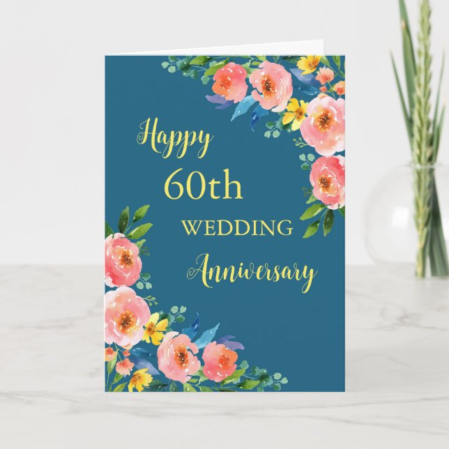 Watercolor Flowers 60th Wedding Anniversary Card (Front)