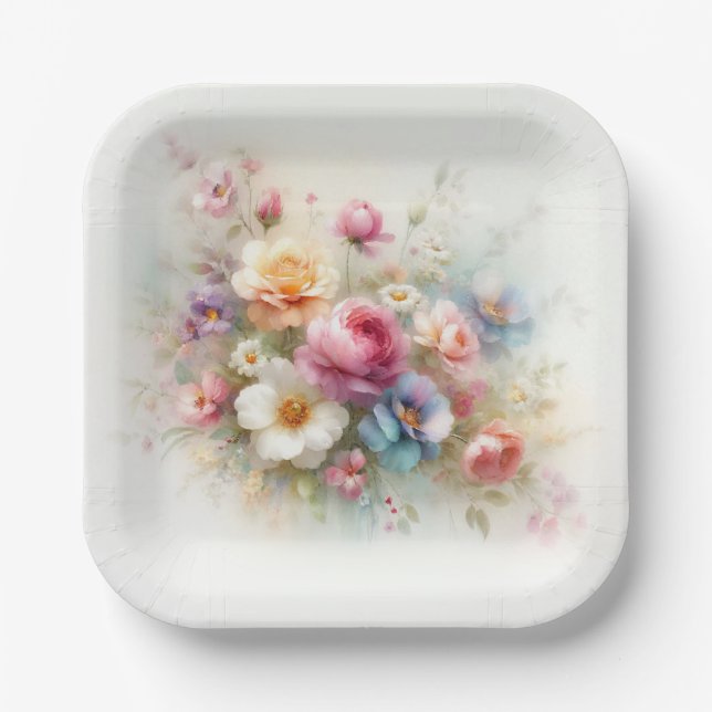Watercolor Flowers Add Your Text Elegant Blank Paper Plate (Front)