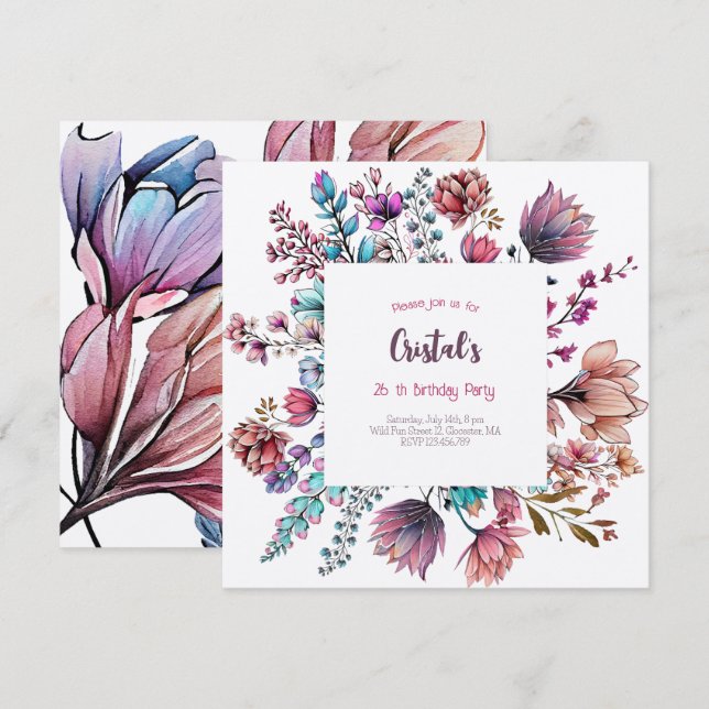 Watercolor Flowers adults Birthday invitation (Front/Back)