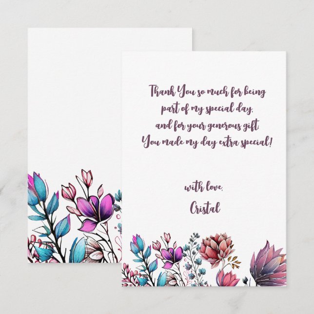Watercolor Flowers adults Birthday  Thank You Card (Front/Back)