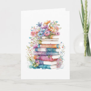 Watercolor Flowers and Books Birthday Card
