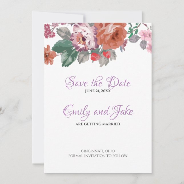 Watercolor Flowers And Buds Save The Date (Front)