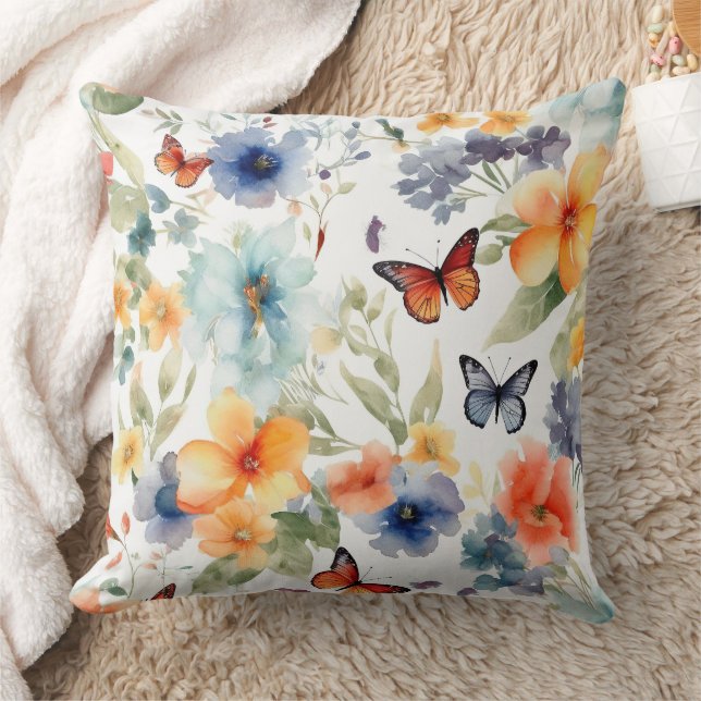 Watercolor Flowers and Butterflies Botanical Print Cushion (Blanket)