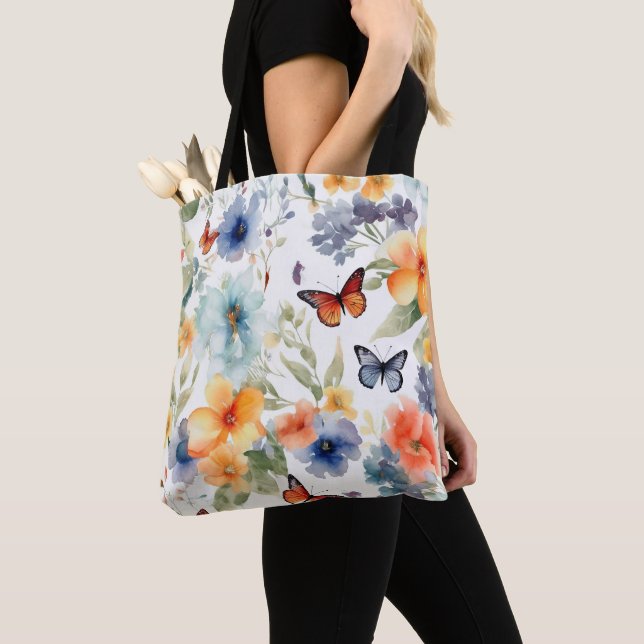 Watercolor Flowers and Butterflies Botanical Print Tote Bag (Close Up)