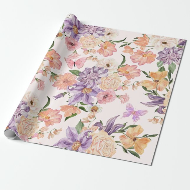 Watercolor flowers and Butterflies wildflower pink Wrapping Paper (Unrolled)