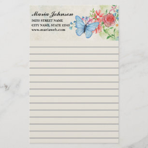 watercolor flowers and butterfly business lined stationery