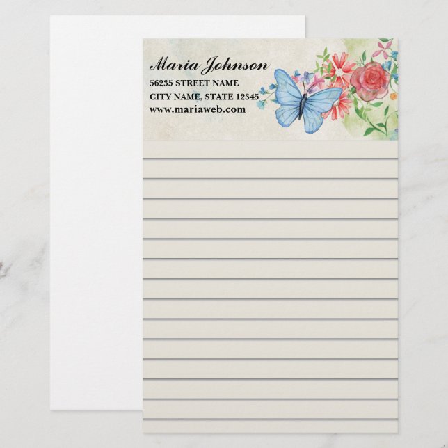 watercolor flowers and butterfly business lined stationery (Front/Back)