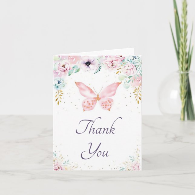 Watercolor flowers and butterfly thank you card (Front)