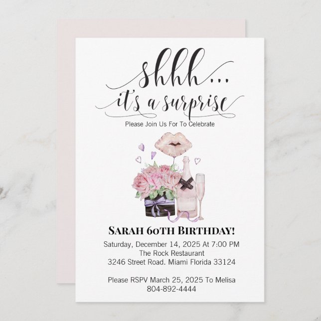 Watercolor Flowers and Champagne Surprise Birthday Invitation (Front/Back)