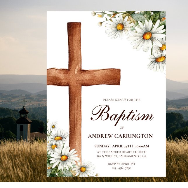 Watercolor Flowers and Cross Baptism Invitation (Creator Uploaded)