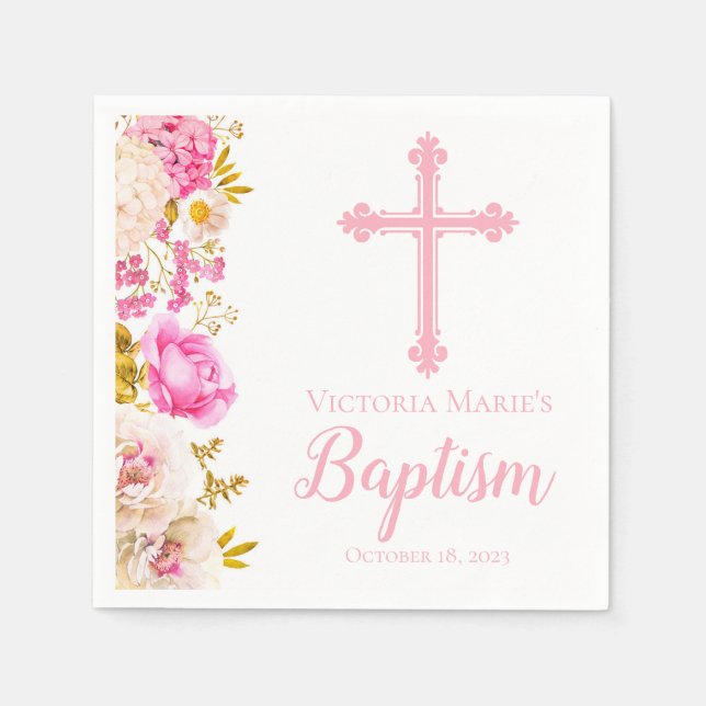 Watercolor Flowers and Cross Baptism Napkin (Front)