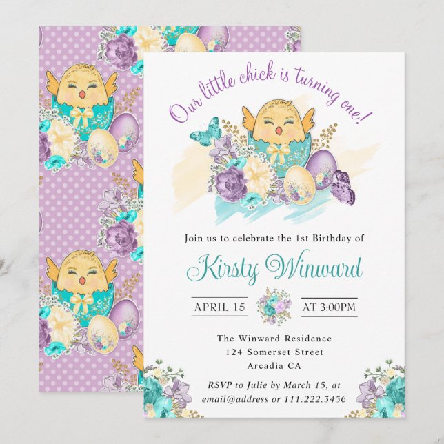 Watercolor Flowers and Cute Chick 1st Birthday Invitation (Front/Back)