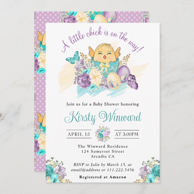 Watercolor Flowers and Cute Chick Baby Shower Invitation (Front/Back)
