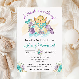 Watercolor Flowers and Cute Chick Baby Shower Invitation