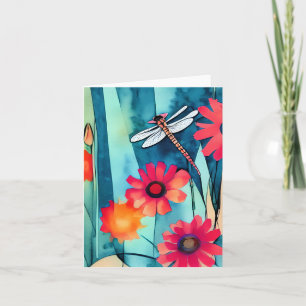 Watercolor flowers and dragonfly customisable card