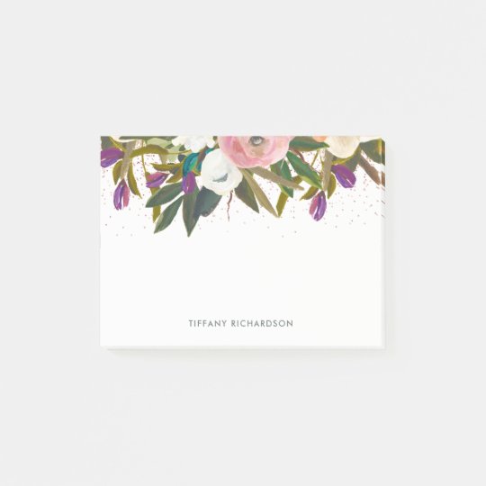Watercolor Flowers and Faux Pink Glitter Post-it® Notes