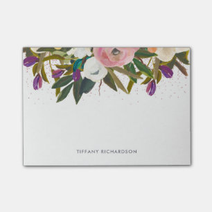 Watercolor Flowers and Faux Pink Glitter Post-it Notes