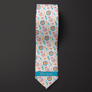 Watercolor Flowers and Feathers Tie