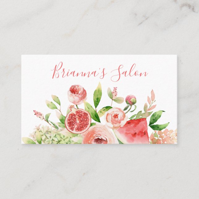 Watercolor Flowers and Fruit Border Business Card (Front)