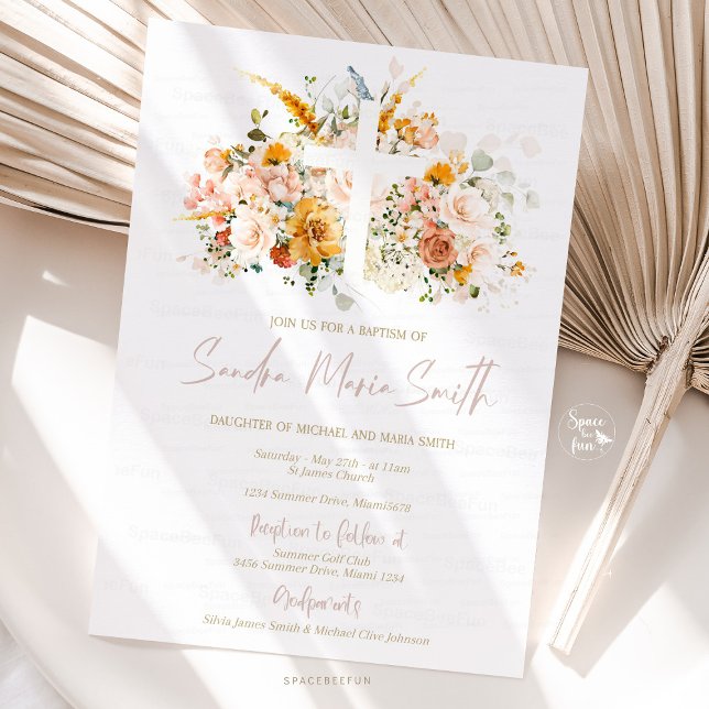 Watercolor Flowers and gold Baptism Invitation  (baptism invitation, watercolor flowers, gold baptism invitation, christening invitation, floral bapt)