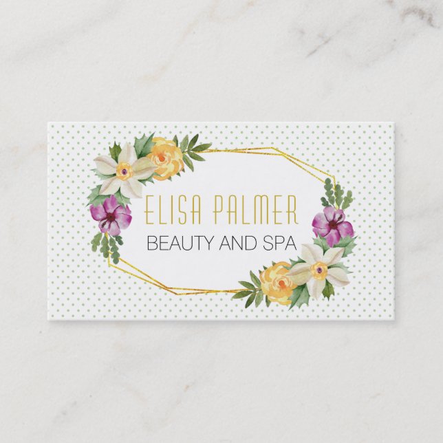 Watercolor flowers and gold polygon floral business card (Front)