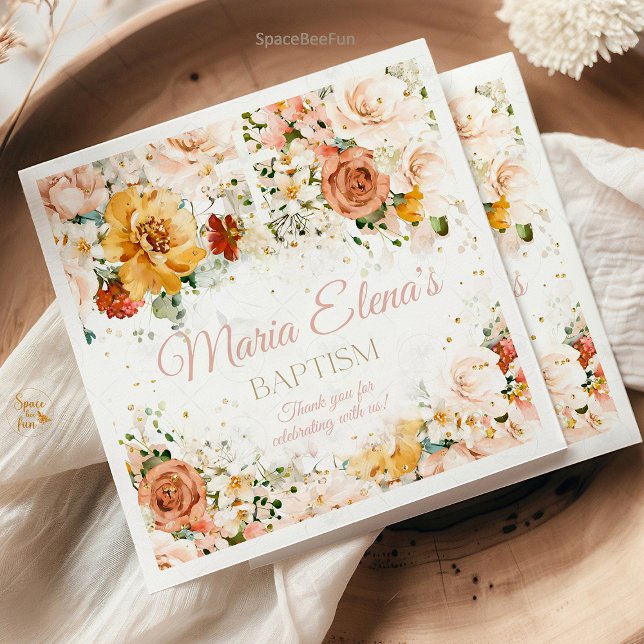 Watercolor Flowers and gold religious napkins (watercolor religious napkins, gold accent napkins, floral communion napkins, baptism napkins, elegan)