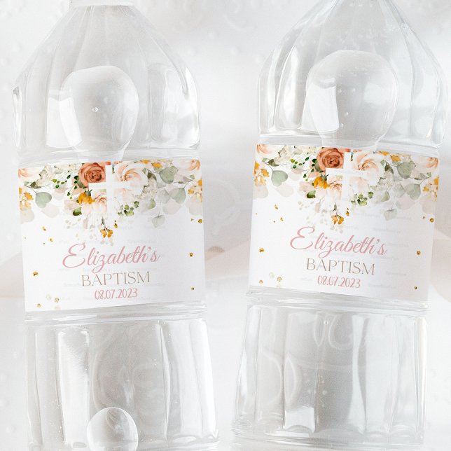 Watercolor Flowers and gold religious Water labels (watercolor water labels, gold religious labels, floral water labels, baptism water labels, communion)