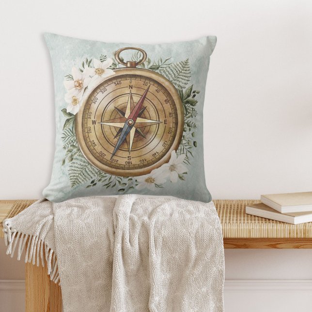 Watercolor Flowers and Green Leaves Floral Compass Cushion (In situ on bench)