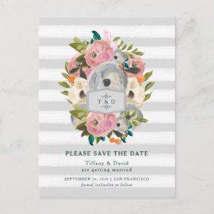 Watercolor Flowers and Grey Stripes Save the Date Announcement Postcard