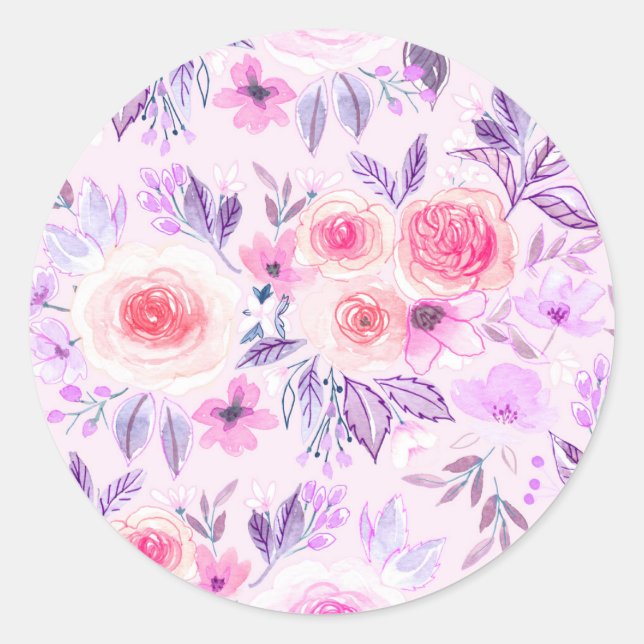 Watercolor flowers and leaves 3 classic round sticker (Front)