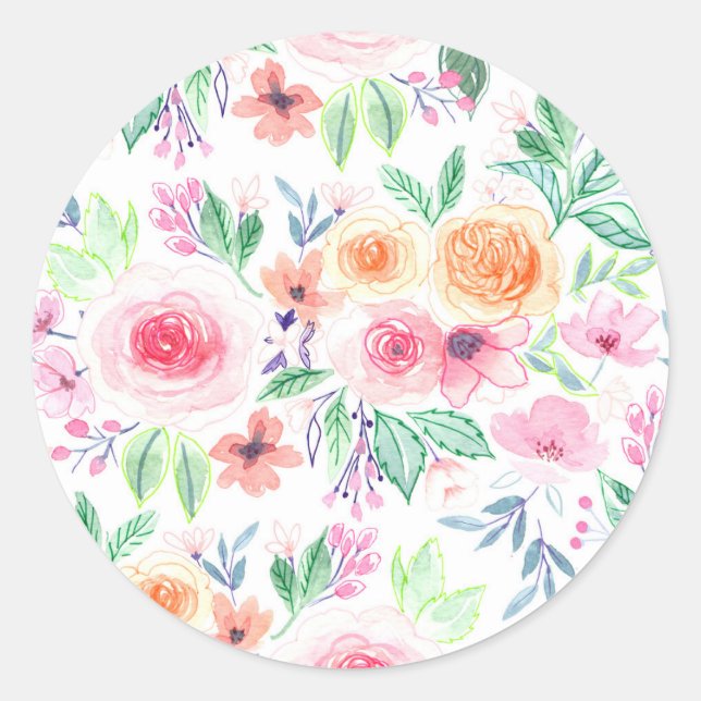 Watercolor flowers and leaves classic round sticker (Front)