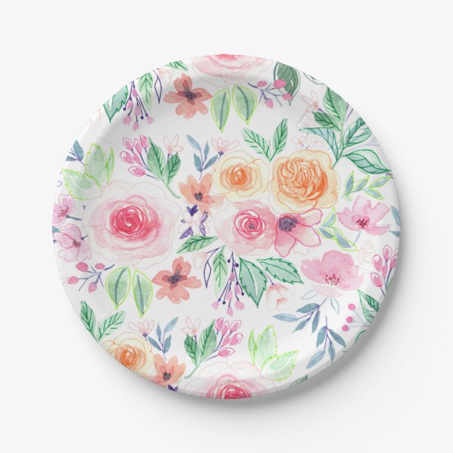 Watercolor flowers and leaves paper plate (Front)
