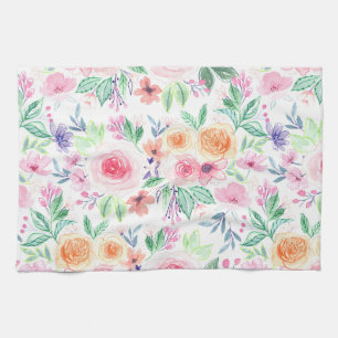 Watercolor flowers and leaves tea towel