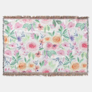 Watercolor flowers and leaves throw blanket