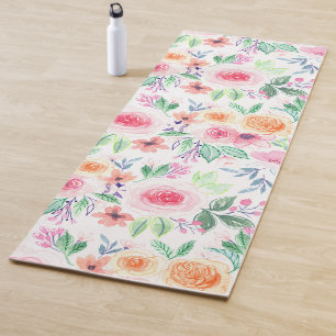Watercolor flowers and leaves yoga mat