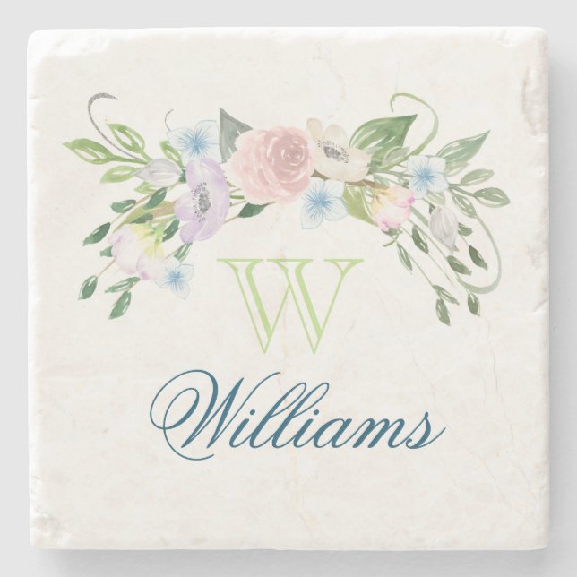 Watercolor Flowers and Monogram Stone Coaster (Front)