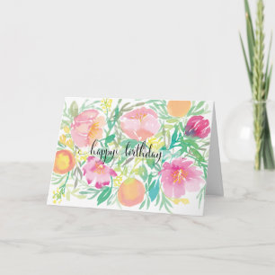 Watercolor flowers and Peaches Happy Birthday Card